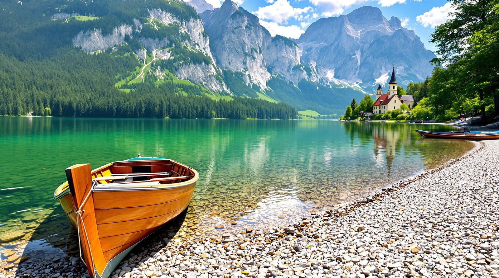 A wooden rowing boat on a pebble beach beside a clear emerald alpine lake with forested shores and limestone mountains