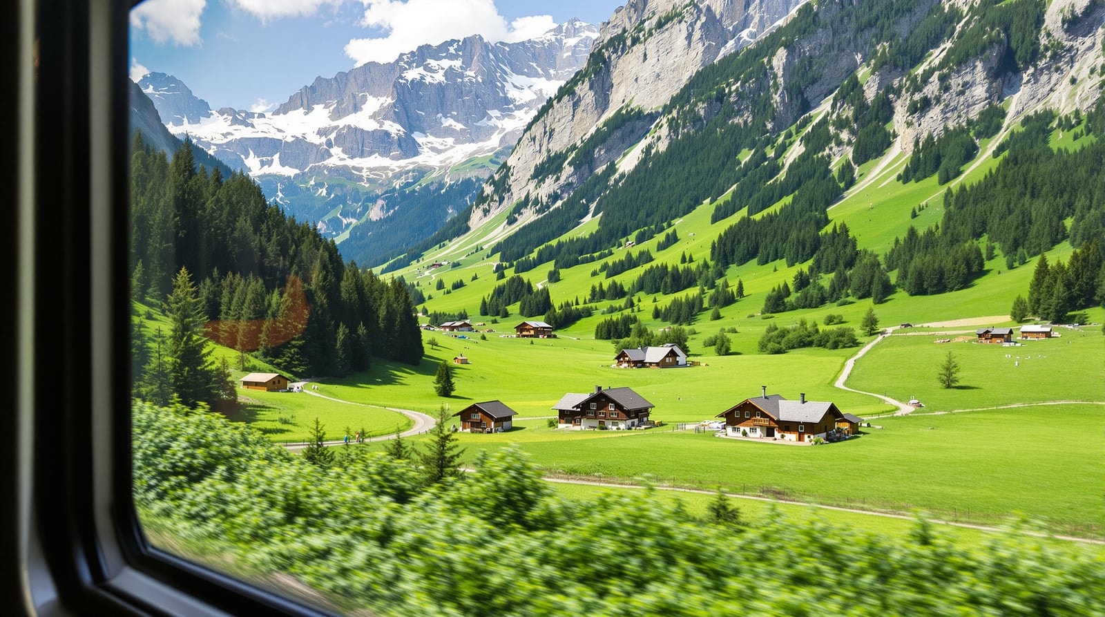 View from a train window of a green Alpine valley with wooden farmhouses and snowy peaks
