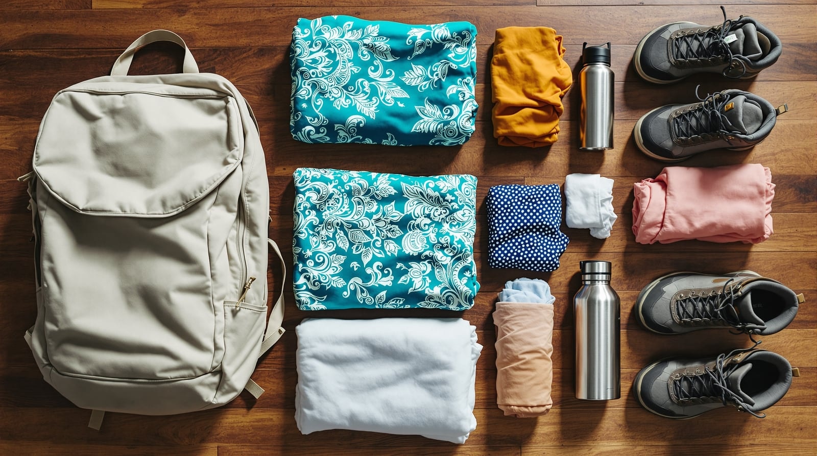 Travel gear laid out on a wooden floor: a plain canvas rucksack, a folded teal patterned sarong, rolled clothes, steel bottles and hiking boots