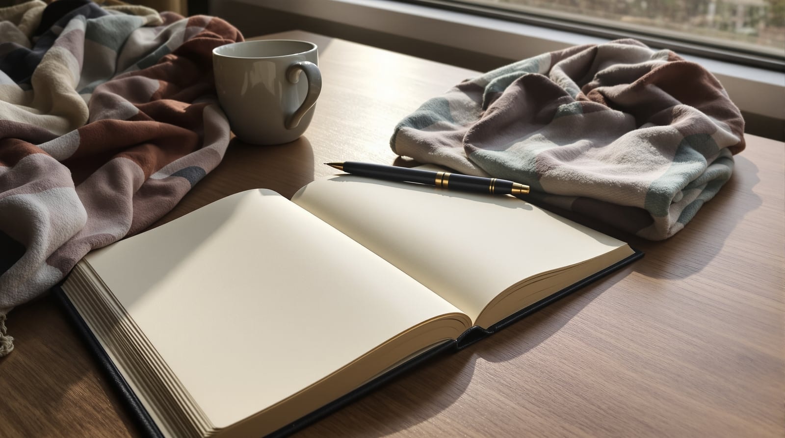 An open notebook with blank cream pages and a pen on a wooden table beside a sunny window and a cup