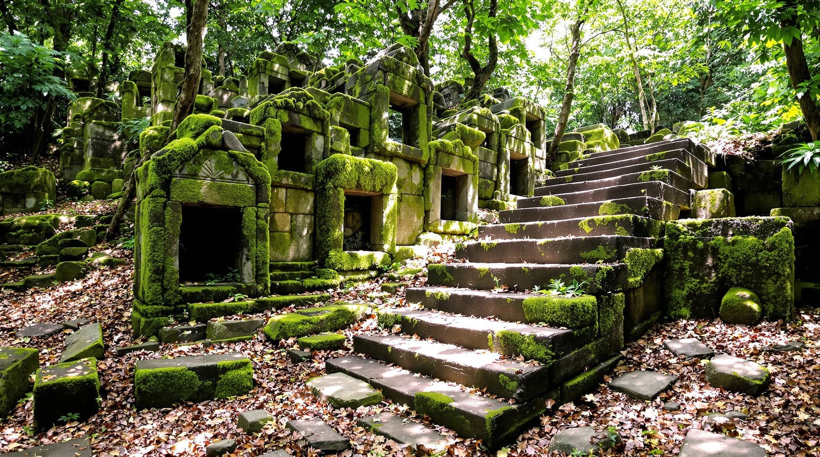 Moss-covered ancient stone blocks and steps in a green tropical forest clearing in dappled sunlight