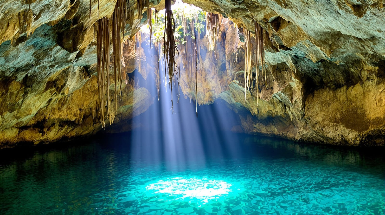 Clear turquoise water in a limestone cavern lit by shafts of sunlight falling through an opening in the rock