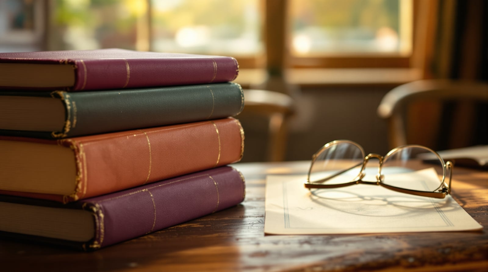 A stack of old cloth-bound books with plain spines beside reading glasses on a wooden table in warm window light