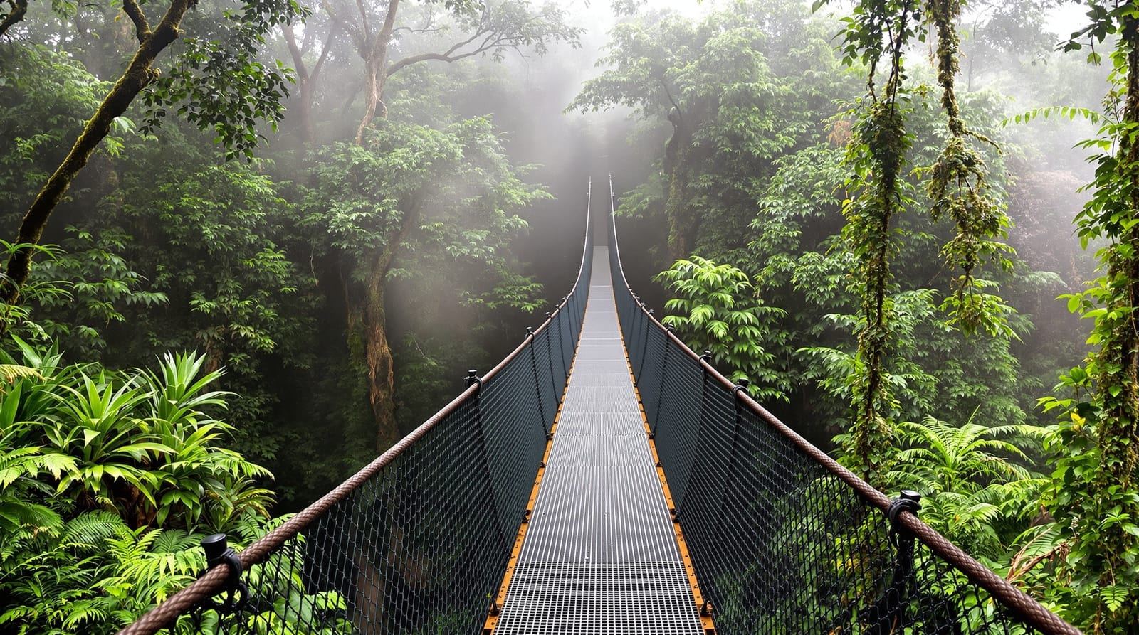 A long hanging footbridge stretching through misty green cloud forest canopy with ferns and mosses