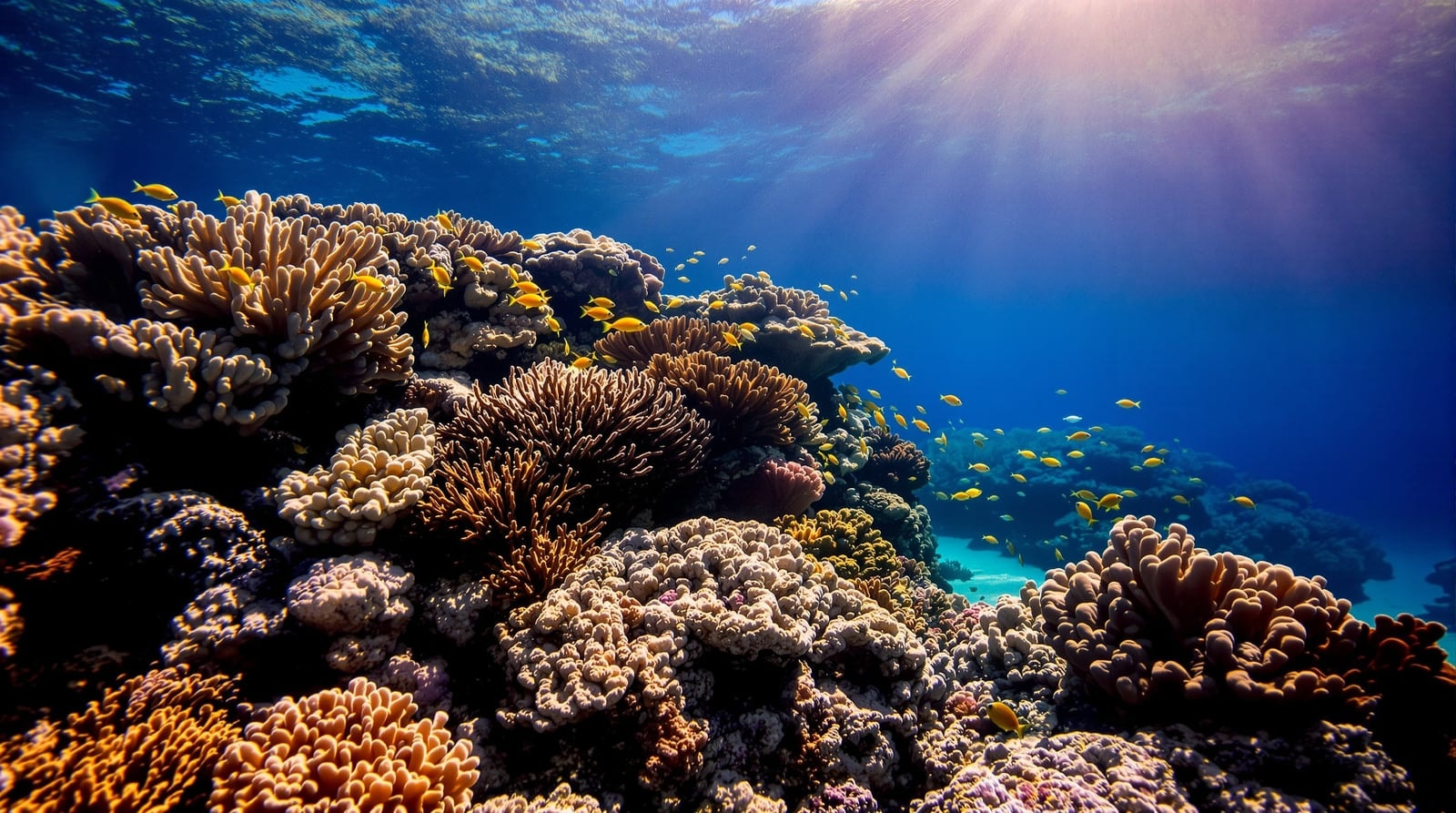 A shallow coral reef of bright corals with small tropical fish in clear blue water lit by sun rays