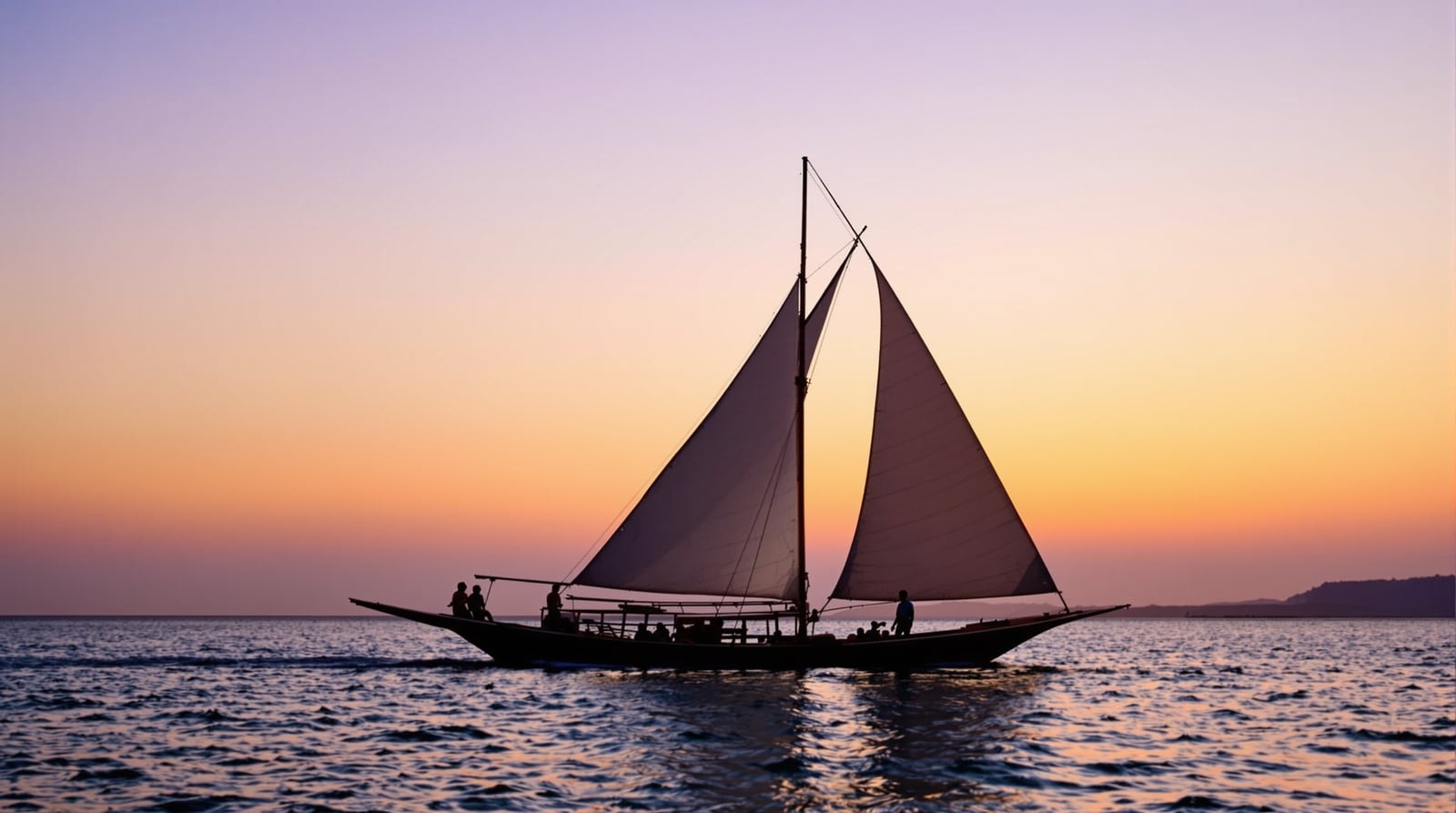 A traditional wooden sailing boat with triangular sails silhouetted on calm water at sunset