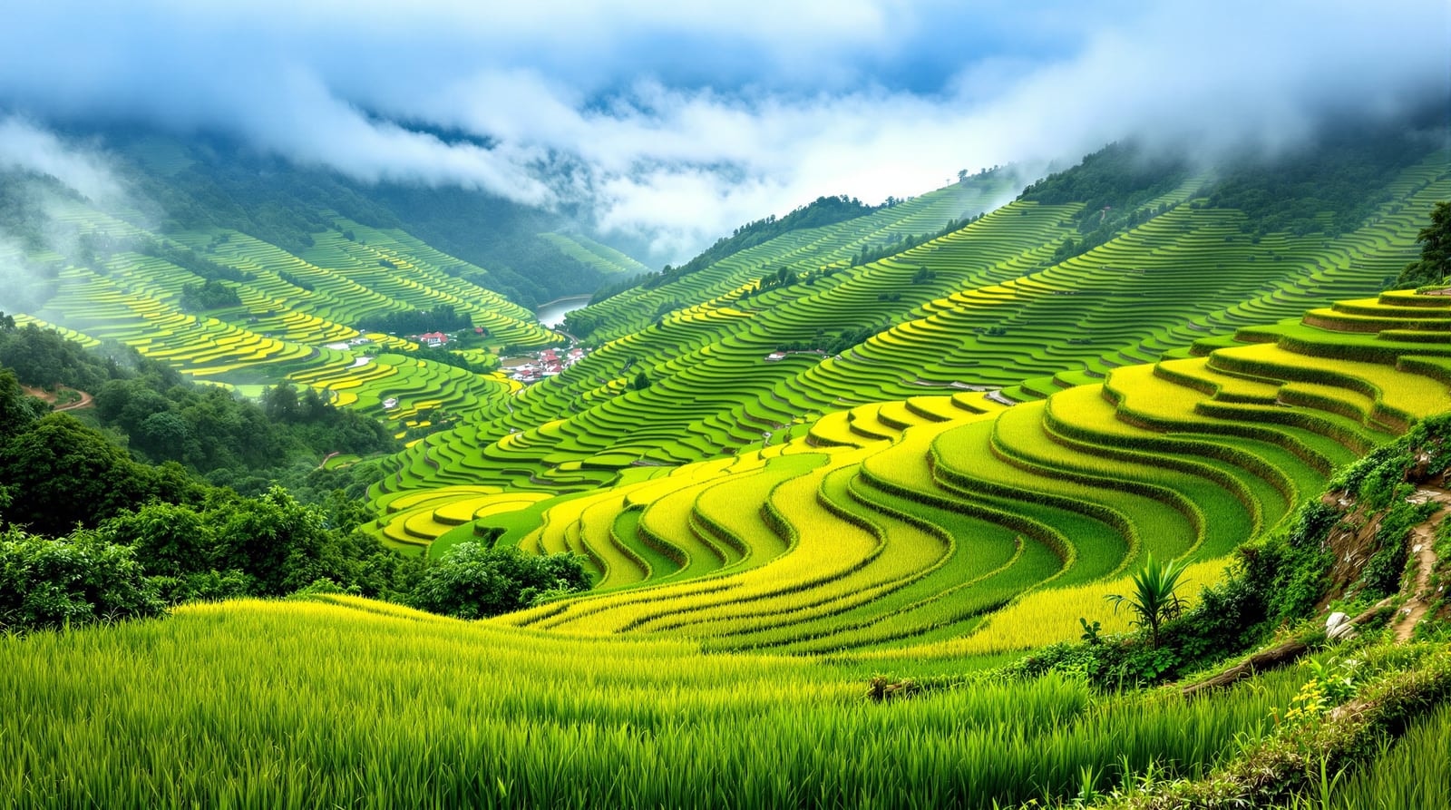 Bright green rice terraces curving down a misty mountainside
