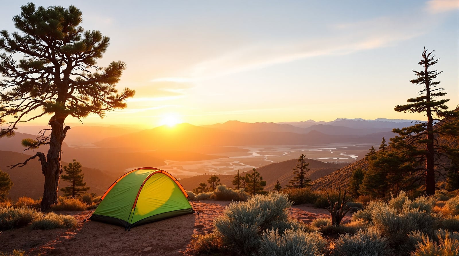 A small green tent on a high desert ridge among gnarled pines and sagebrush at sunset, with a wide basin beyond