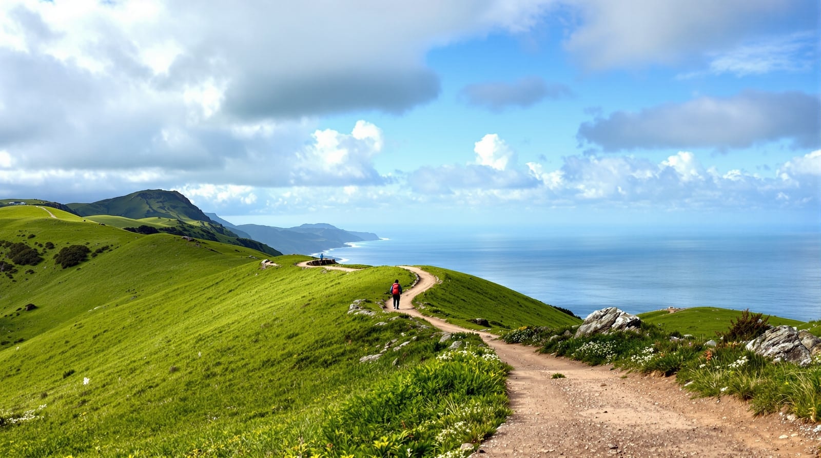 A lone walker with a backpack, small and seen from behind, on a winding footpath over green hills toward the sea