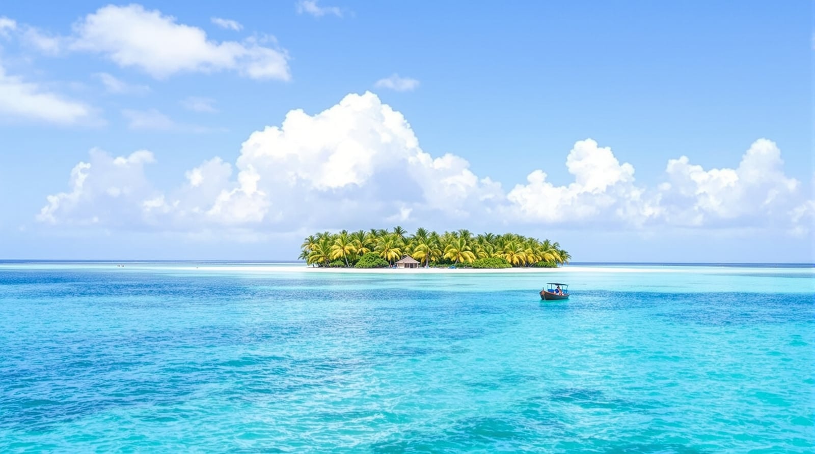 A wide turquoise lagoon with a small boat near a palm-fringed islet under a bright sky