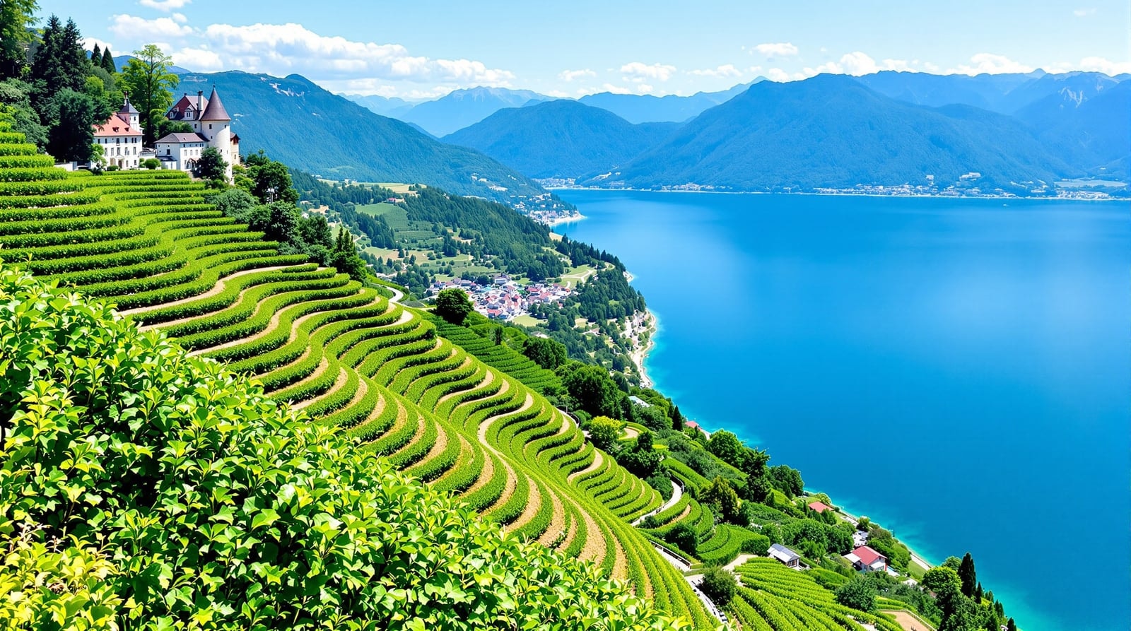 Steep green vineyard terraces running down to a wide blue lake with mountains on the far shore