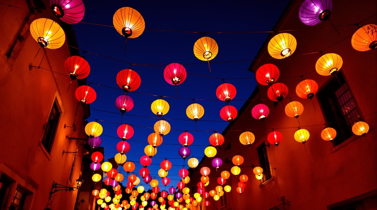 Dozens of glowing red, yellow and violet lanterns strung between ochre walls against a deep blue evening sky