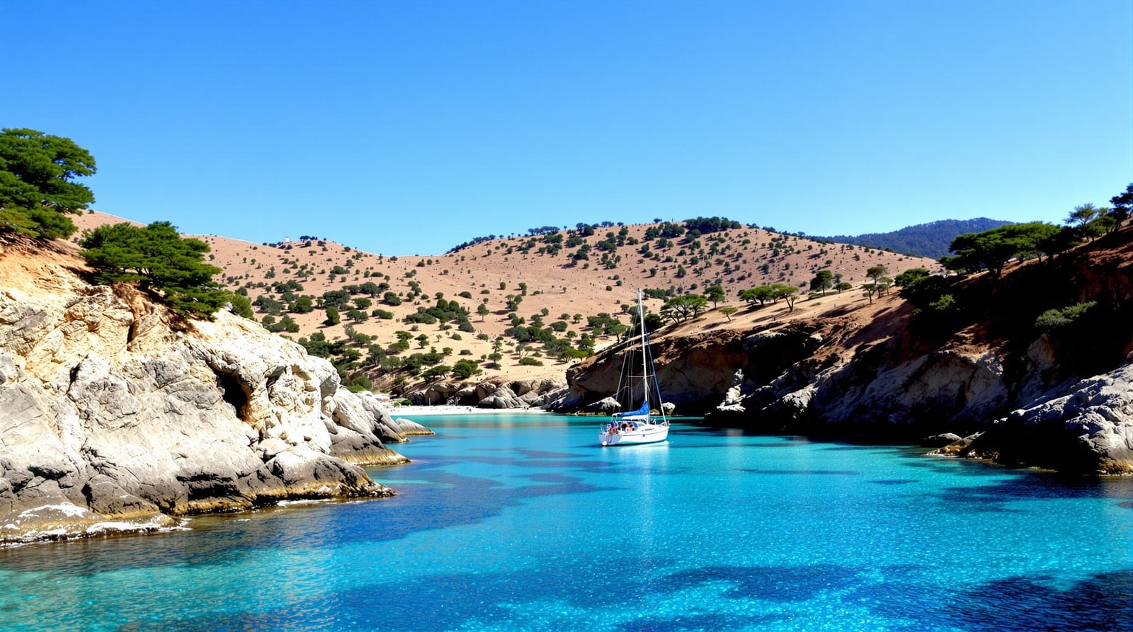 A small white sailboat anchored in a turquoise rocky bay backed by dry forested hills