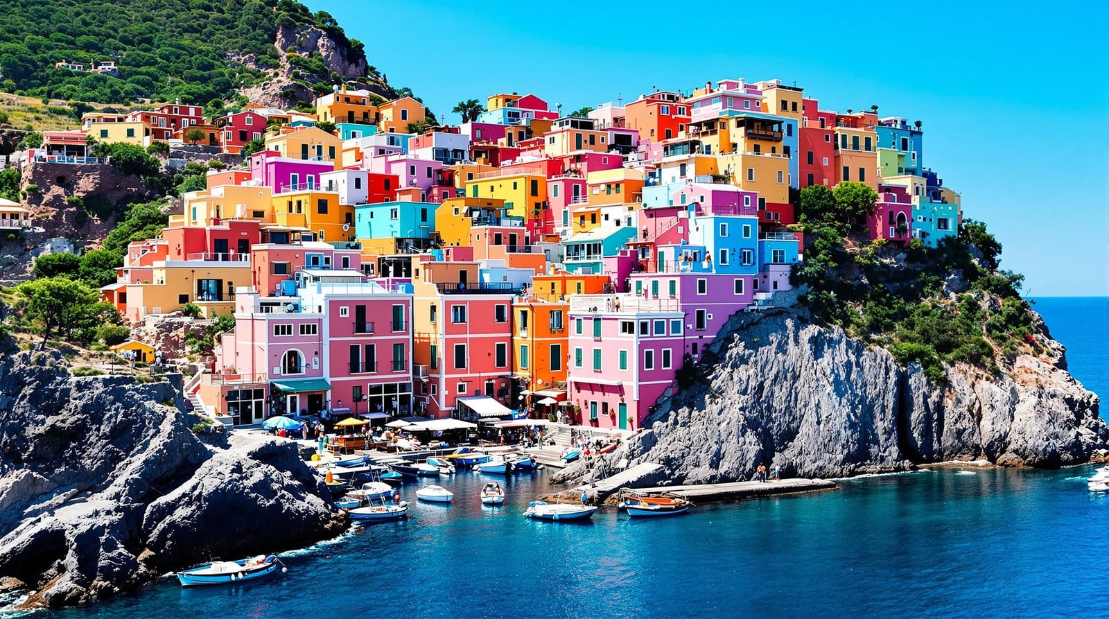 A steep hillside of houses painted saffron, pink, teal and violet above a small blue harbor with moored boats