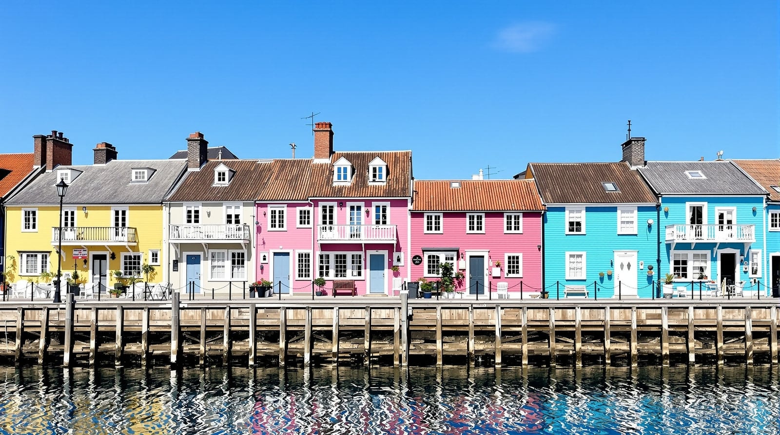 A row of waterfront houses painted yellow, pink, turquoise and blue with white trim reflected in calm harbor water