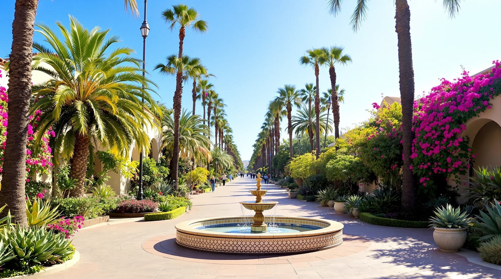 A sunny garden promenade lined with tall palms, bright bougainvillea and succulents beside a tiled fountain
