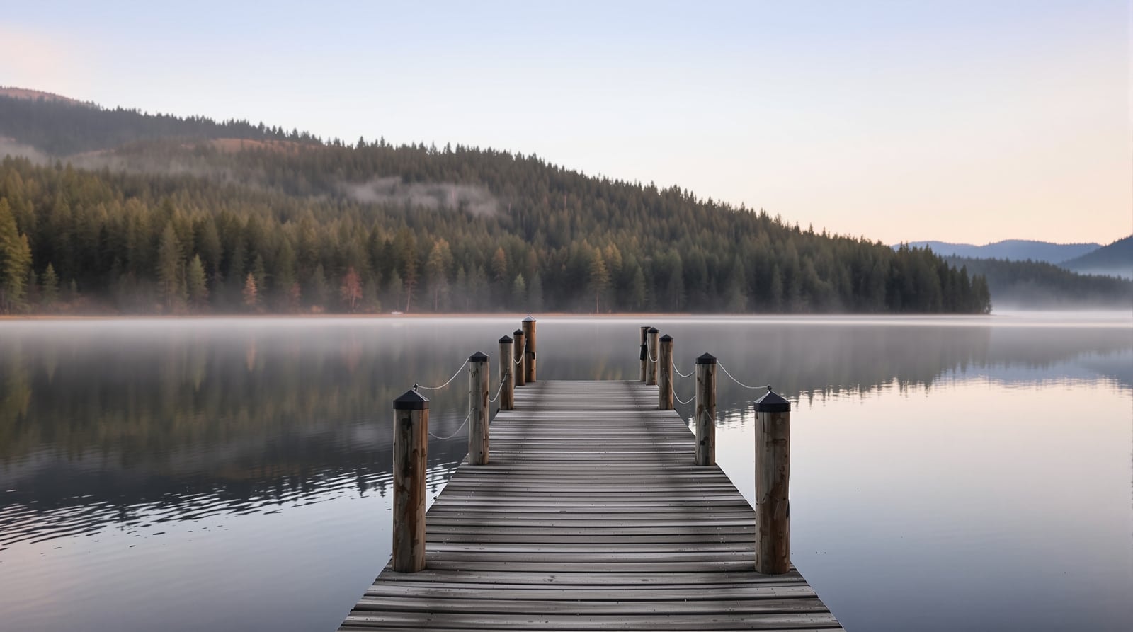 A wooden dock stretching into a calm misty lake at early morning with pine-covered hills beyond