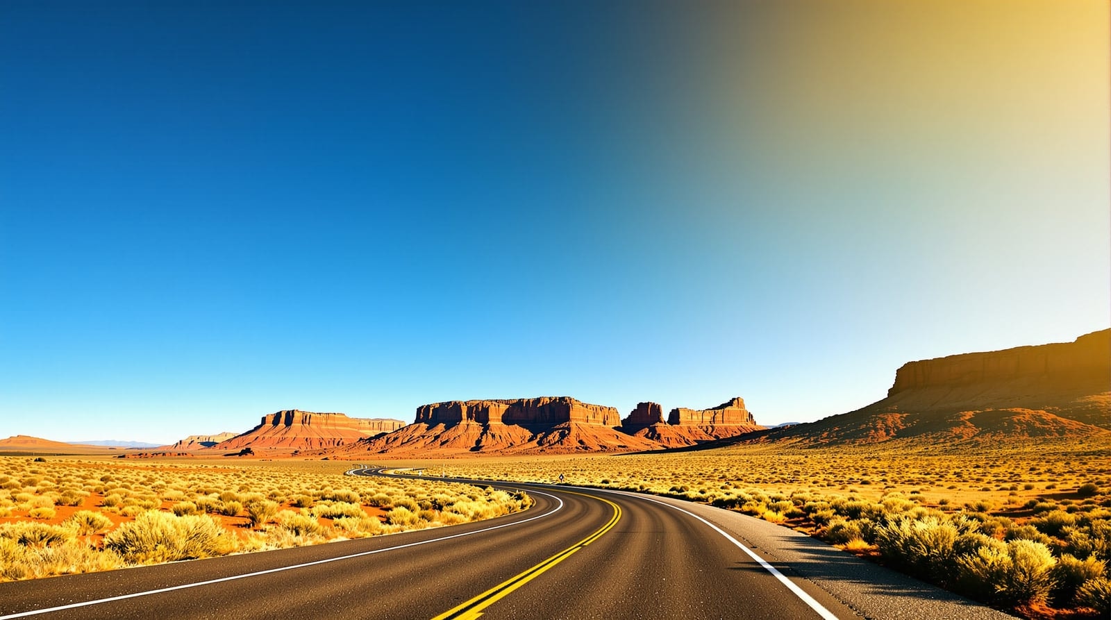 An empty desert highway curving toward red sandstone buttes and mesas under a deep blue sky