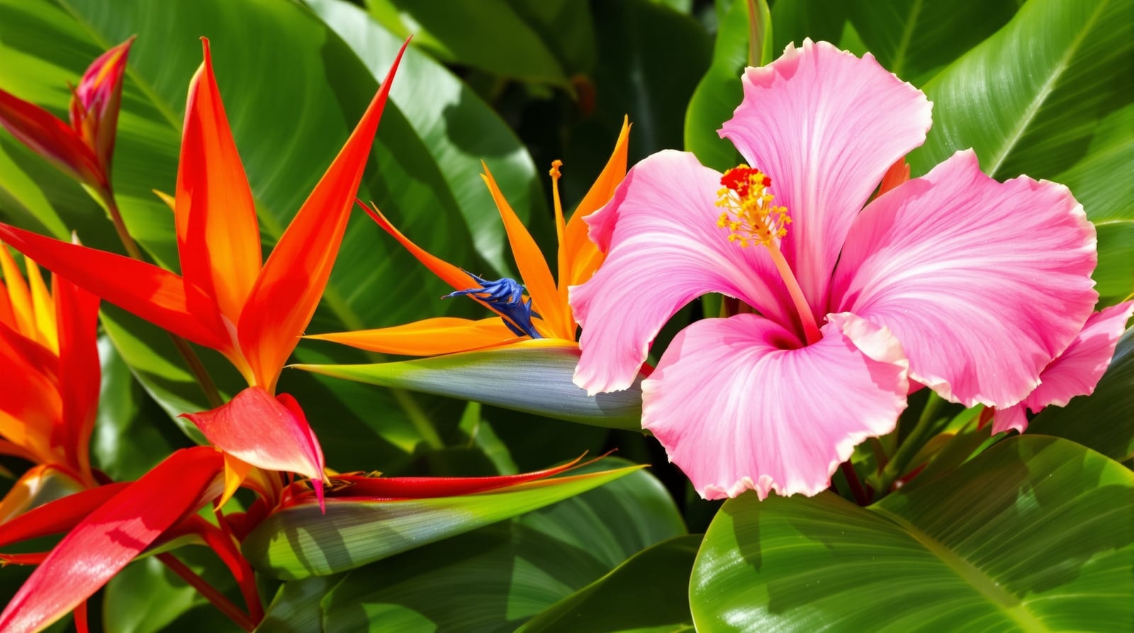 Close-up of red heliconia, orange bird of paradise and a pink hibiscus among glossy green leaves