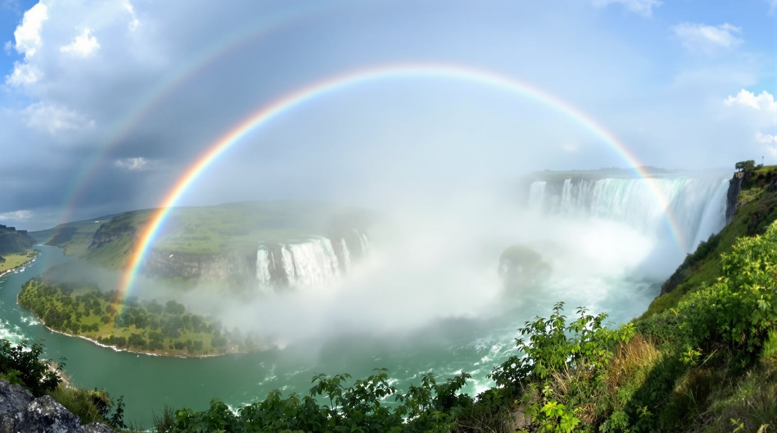 A wide horseshoe-shaped waterfall throwing up white spray with a rainbow arching over a green river gorge