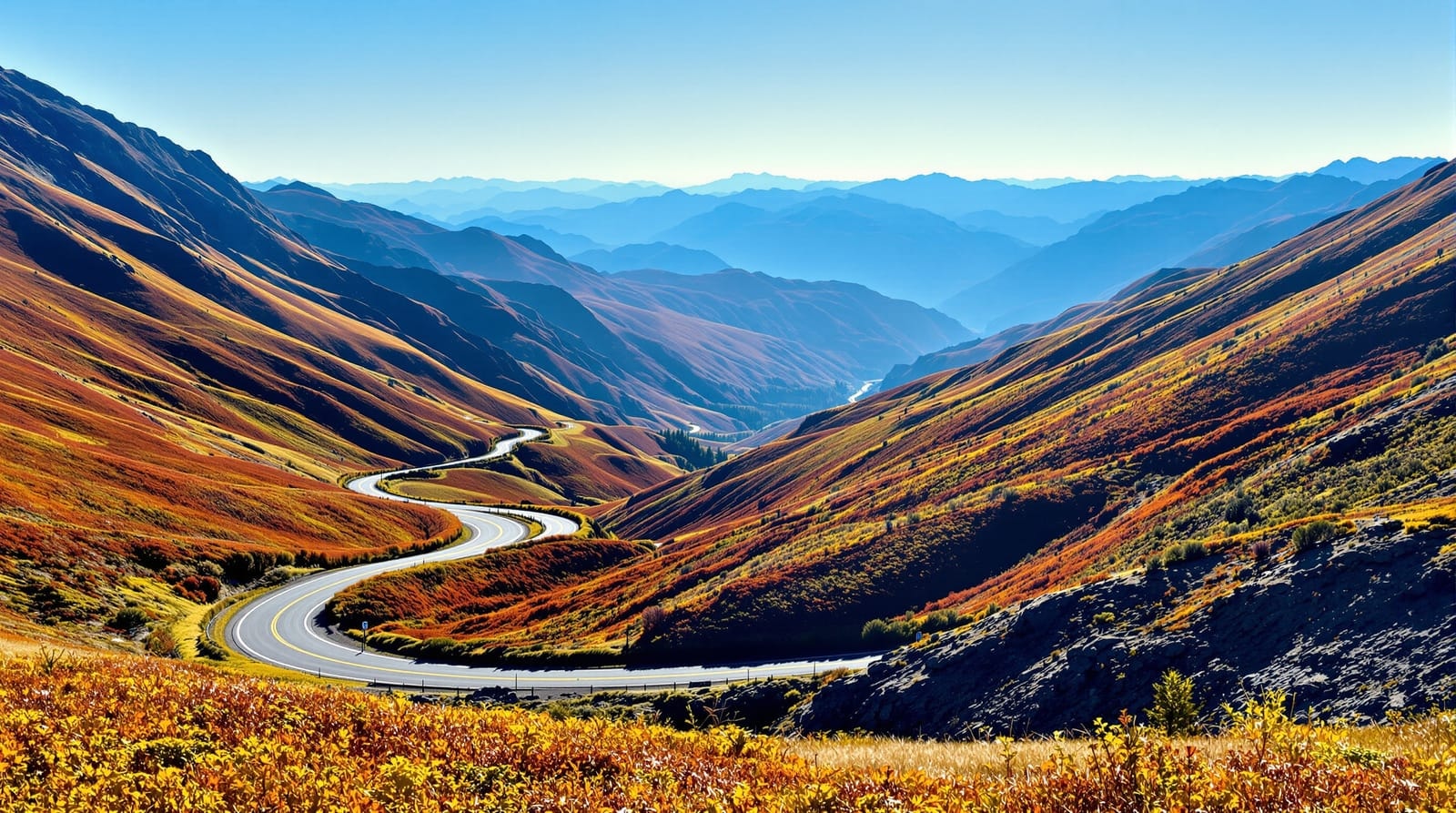 A winding mountain road seen from above, running through autumn-colored slopes toward blue ridges