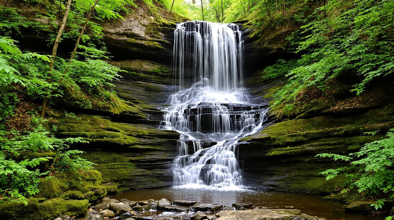 A tiered waterfall splashing over mossy rock ledges in a green woodland